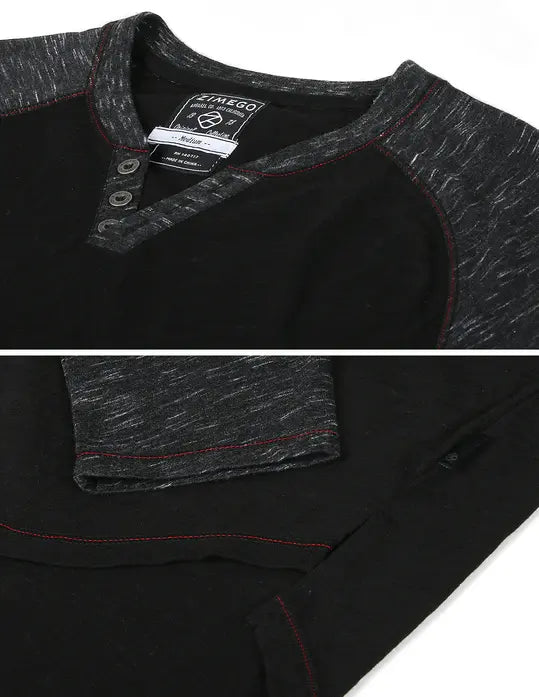 ZIMEGO Long Sleeve Contrast Raglan Henley V-Neck T-Shirts BLK-BLK Zimego Apparel