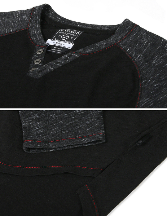 ZIMEGO Long Sleeve Contrast Raglan Henley V-Neck T-Shirts BLK-BLK Zimego Apparel