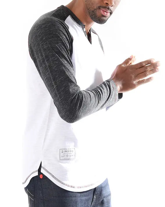 ZIMEGO Long Sleeve Contrast Raglan Henley V-Neck T-Shirts Zimego Apparel