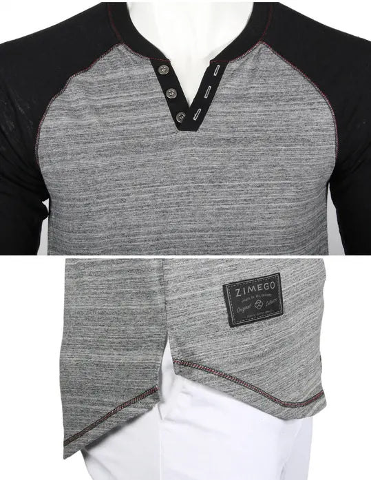 ZIMEGO Long Sleeve Contrast Raglan Henley V-Neck T-Shirts Zimego Apparel