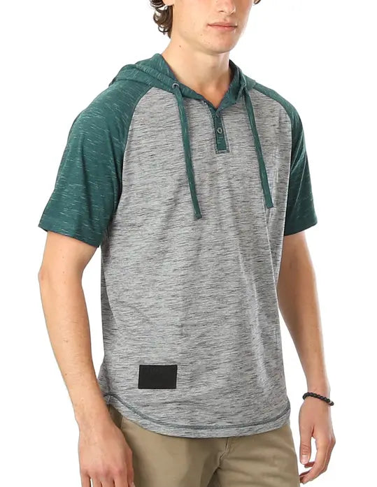 ZIMEGO Men's Short Sleeve Raglan Henley Hoodie Round Bottom Semi Longline T-Shirt Zimego Apparel