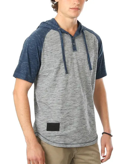 ZIMEGO Men's Short Sleeve Raglan Henley Hoodie Round Bottom Semi Longline T-Shirt Zimego Apparel