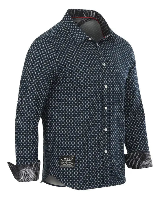 Navy blue patterned shirt with white polka dots, cotton fabric, long sleeves, and contrasting cuff detail.