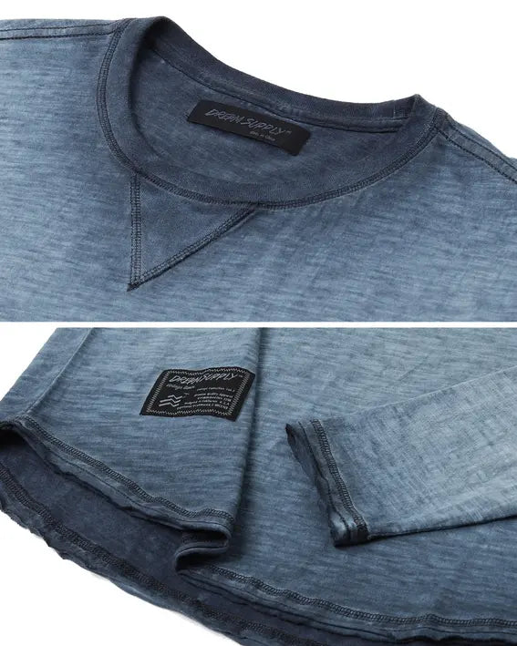ZIMEGO Mens Long Sleeve Crewneck Oil Wash Vintage Raw Edge Hem Hipster Hip-Hop T shirt Zimego Apparel