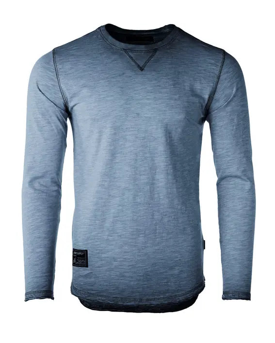 ZIMEGO Mens Long Sleeve Crewneck Oil Wash Vintage Raw Edge Hem Hipster Hip-Hop T shirt Zimego Apparel
