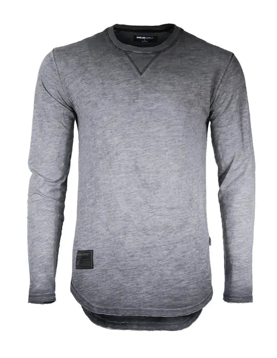 ZIMEGO Mens Long Sleeve Crewneck Oil Wash Vintage Raw Edge Hem Hipster Hip-Hop T shirt Zimego Apparel