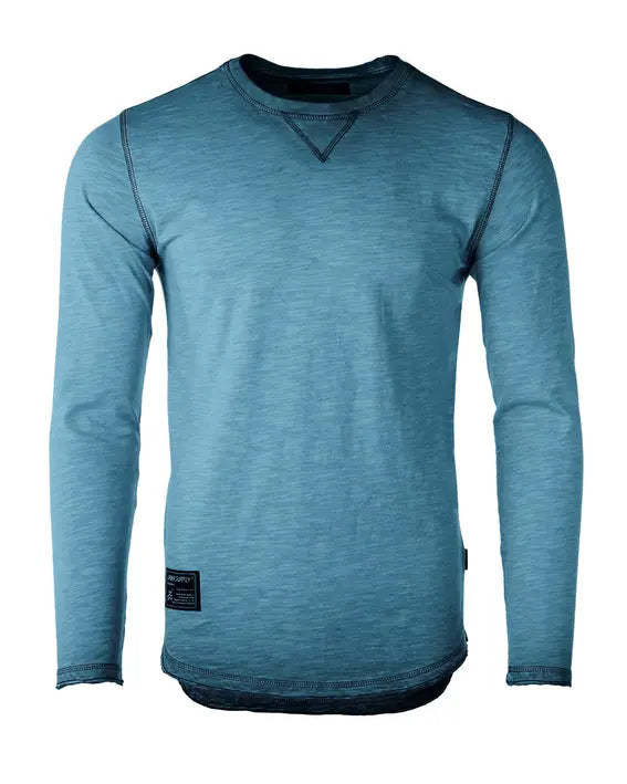 ZIMEGO Mens Long Sleeve Crewneck Oil Wash Vintage Raw Edge Hem Hipster Hip-Hop T shirt Zimego Apparel