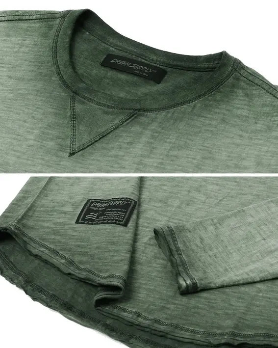 ZIMEGO Mens Long Sleeve Crewneck Oil Wash Vintage Raw Edge Hem Hipster Hip-Hop T shirt Zimego Apparel