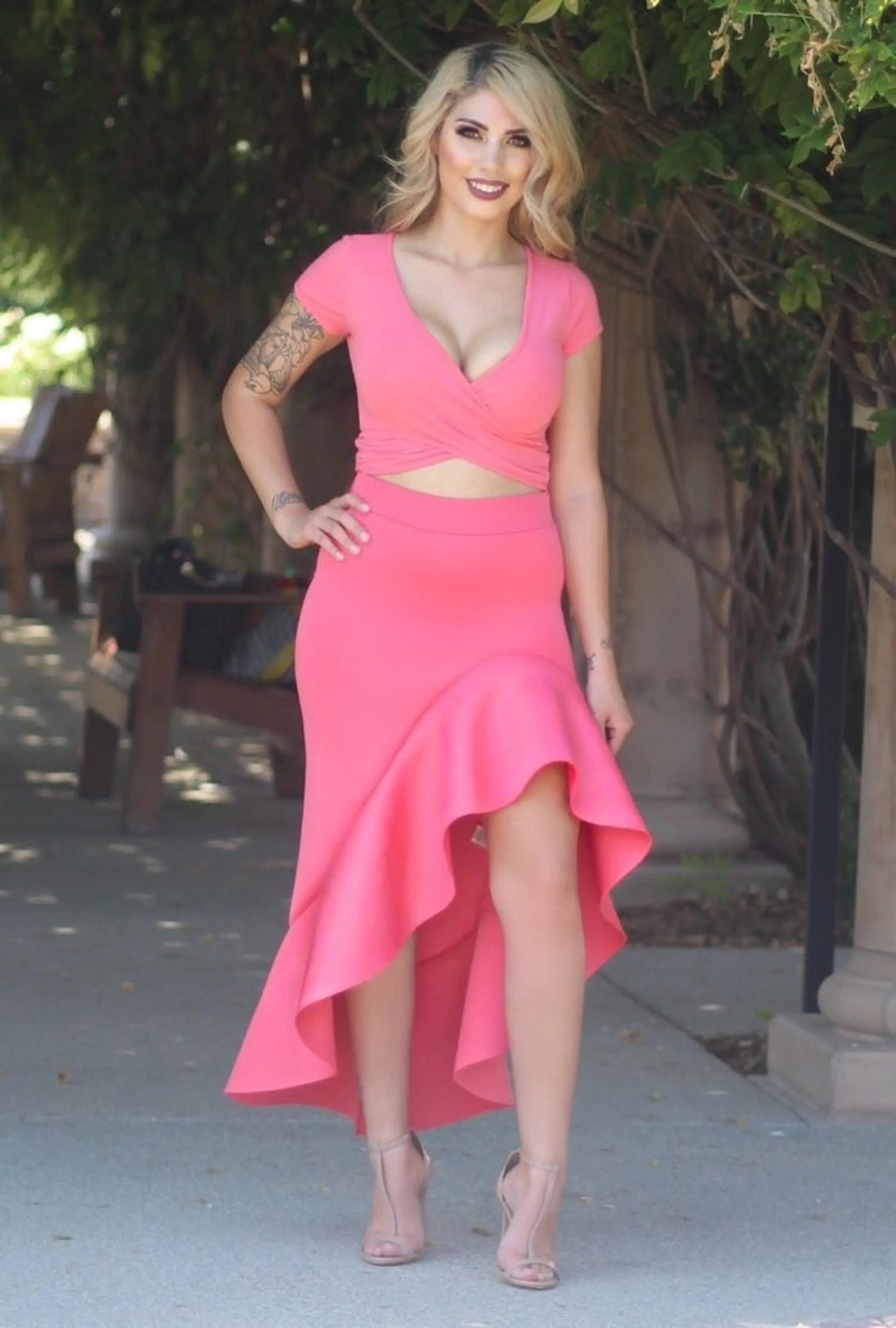 Zemirah Asymmetric Floral Ruffle Skirt Coral SurelyMine