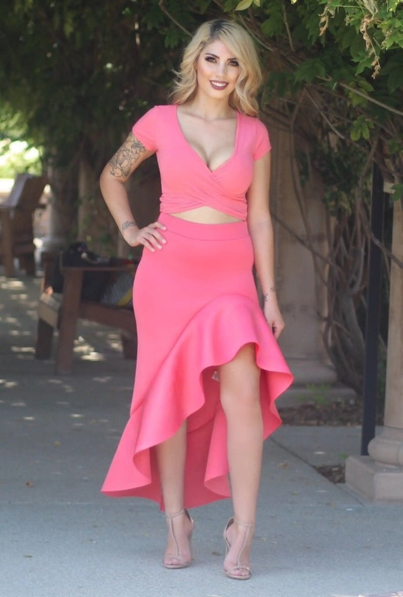 Zemirah Asymmetric Floral Ruffle Skirt Coral SurelyMine