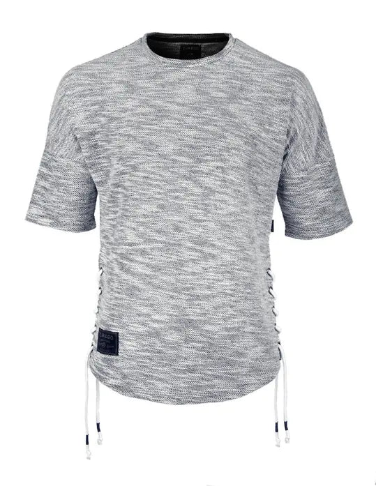 Zimego Men's Wide Shoulder Short Sleeve Laced Up Round Bottom T-Shirts Black Zimego Apparel