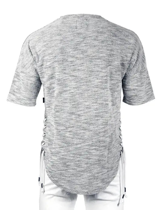 Zimego Men's Wide Shoulder Short Sleeve Laced Up Round Bottom T-Shirts Black Zimego Apparel