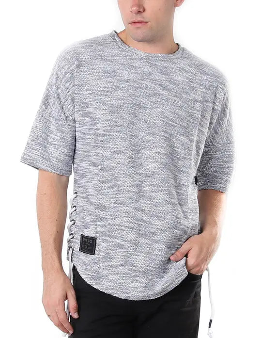 Zimego Men's Wide Shoulder Short Sleeve Laced Up Round Bottom T-Shirts Black Zimego Apparel