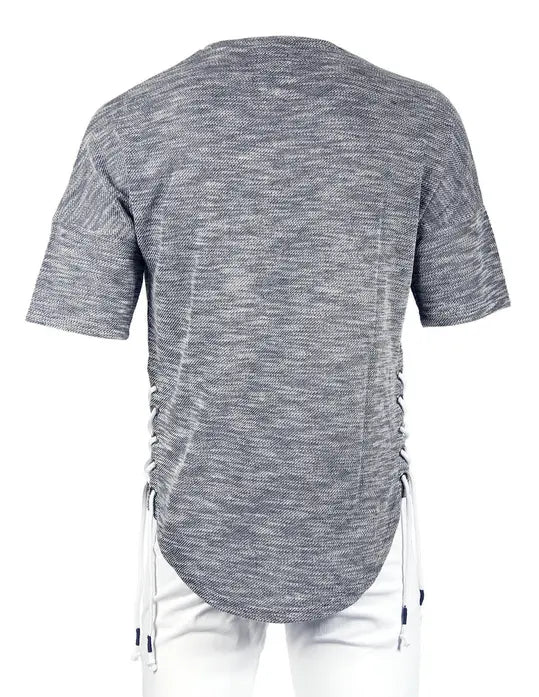 Zimego Men's Wide Shoulder Short Sleeve Laced Up Round Bottom T-Shirts Black Zimego Apparel