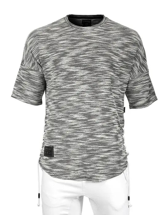 Zimego Men's Wide Shoulder Short Sleeve Laced Up Round Bottom T-Shirts Black Zimego Apparel
