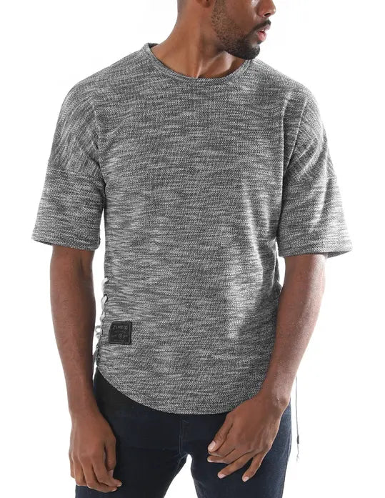 Zimego Men's Wide Shoulder Short Sleeve Laced Up Round Bottom T-Shirts Black Zimego Apparel
