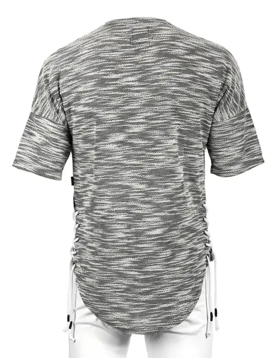 Zimego Men's Wide Shoulder Short Sleeve Laced Up Round Bottom T-Shirts Black Zimego Apparel